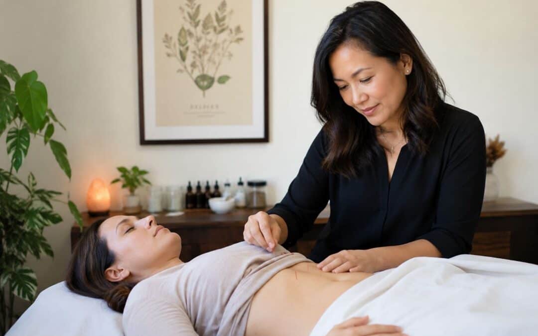 Woman receiving fertility acupuncture treatment from an acupuncturist in a calm, professional clinic setting.